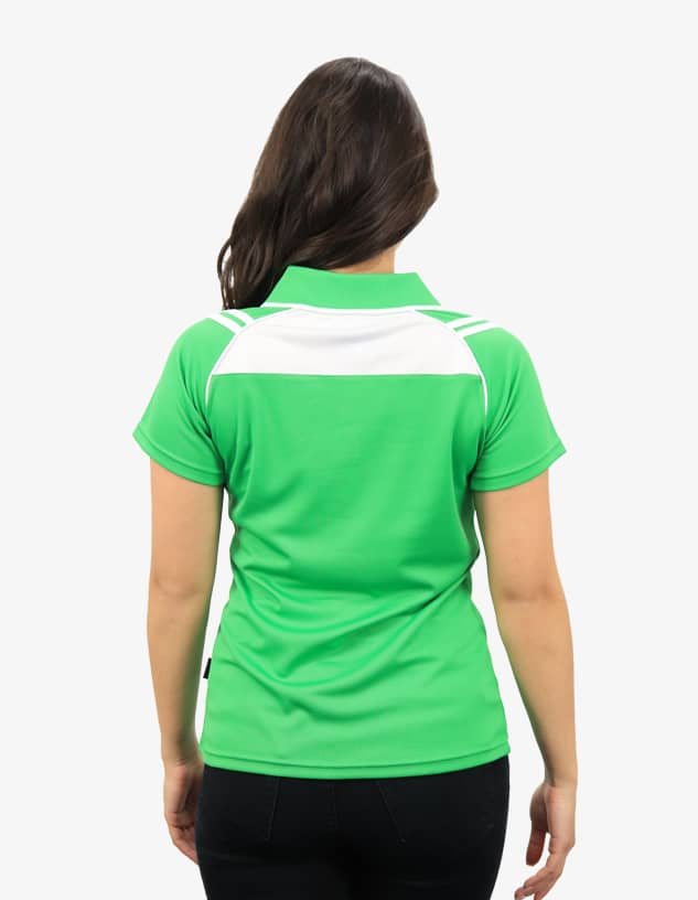 A green polo shirt with white detailing, featuring a logo, viewed from the back on a female model.