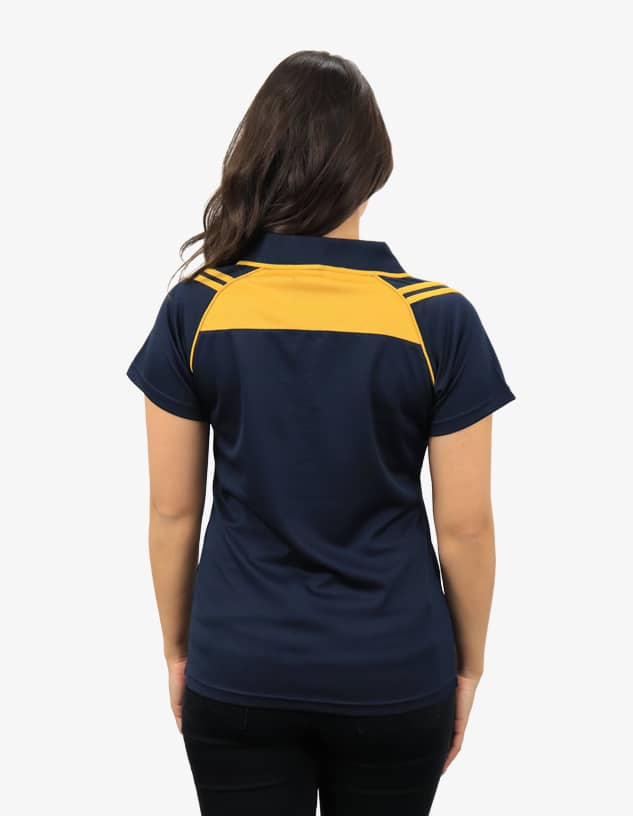 A navy and gold polo shirt featuring a branding logo, viewed from the back on a model.