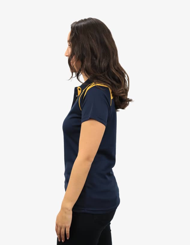 A navy blue polo shirt with yellow accents, featuring a logo on the chest.