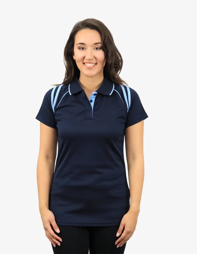 A navy polo shirt featuring light blue accents and a logo. The shirt has a classic collar and short sleeves.