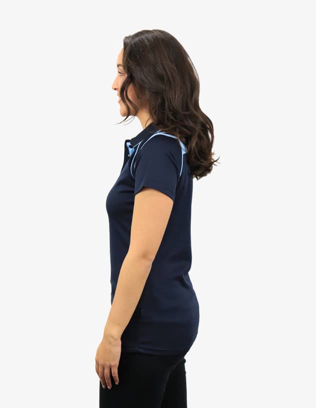 A navy blue polo shirt with light blue detailing, featuring a logo on the front.