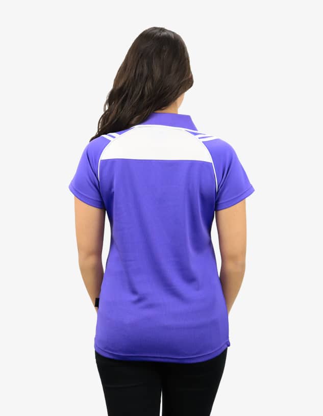 A purple polo shirt with white detailing on the back, featuring a logo.