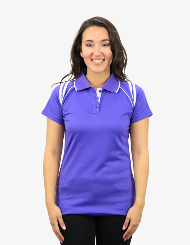 A purple polo shirt featuring white accents, displayed on a model against a neutral background.