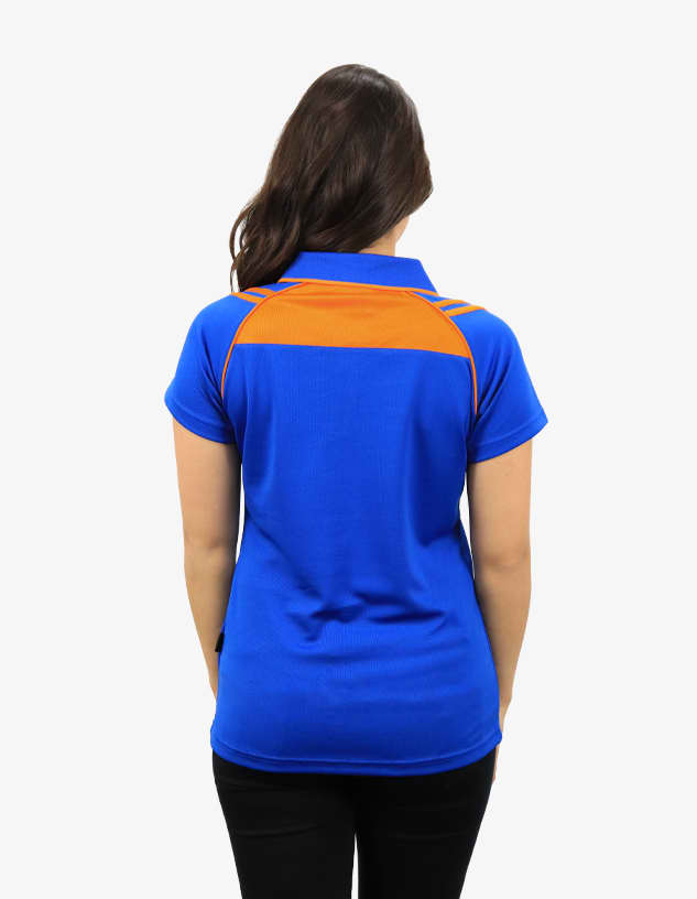 A blue polo shirt with orange detailing, featuring a logo on the back.