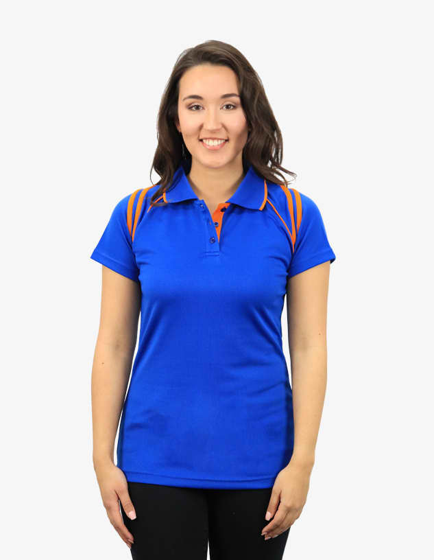 A blue polo shirt with orange accents, featuring a collar and short sleeves, displayed on a model.