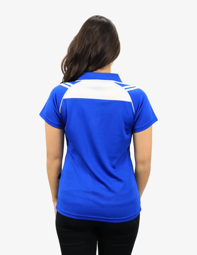 A blue polo shirt with a white panel at the back, featuring a logo on the neck area.