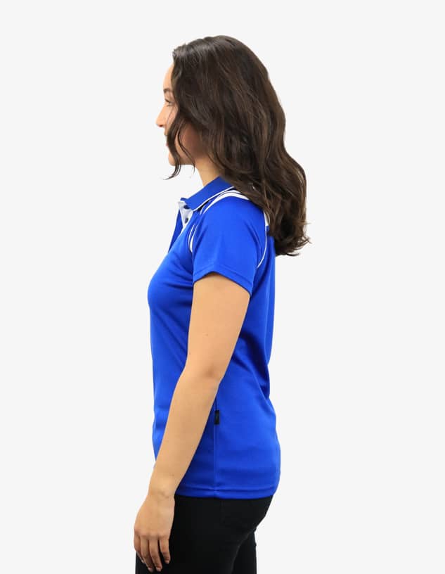 A polo shirt in blue, featuring a collar and a side view of a model wearing it. The shirt includes a logo.