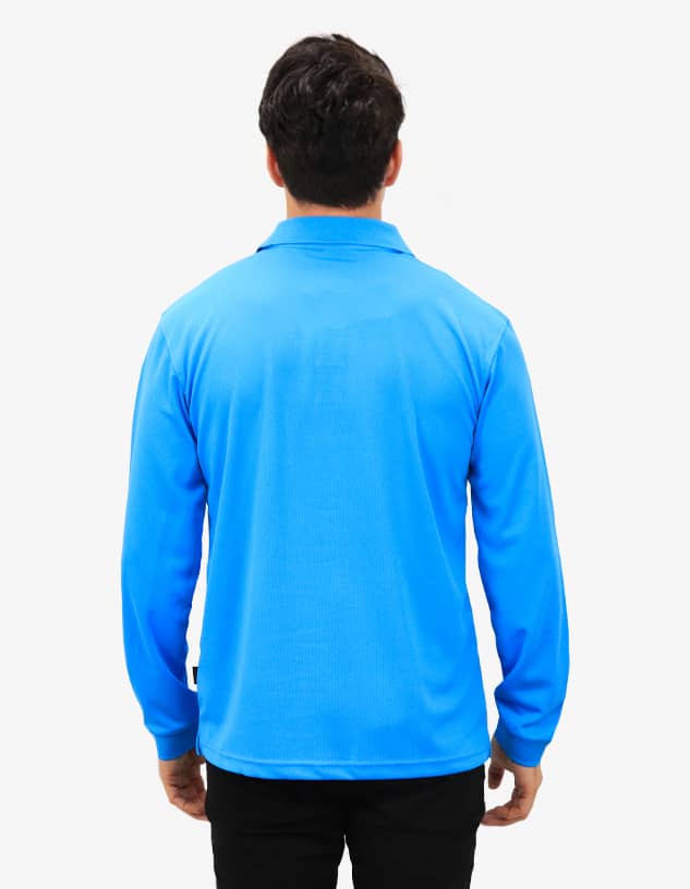 A man wearing a blue polo shirt, viewed from the back, featuring a logo on the side.