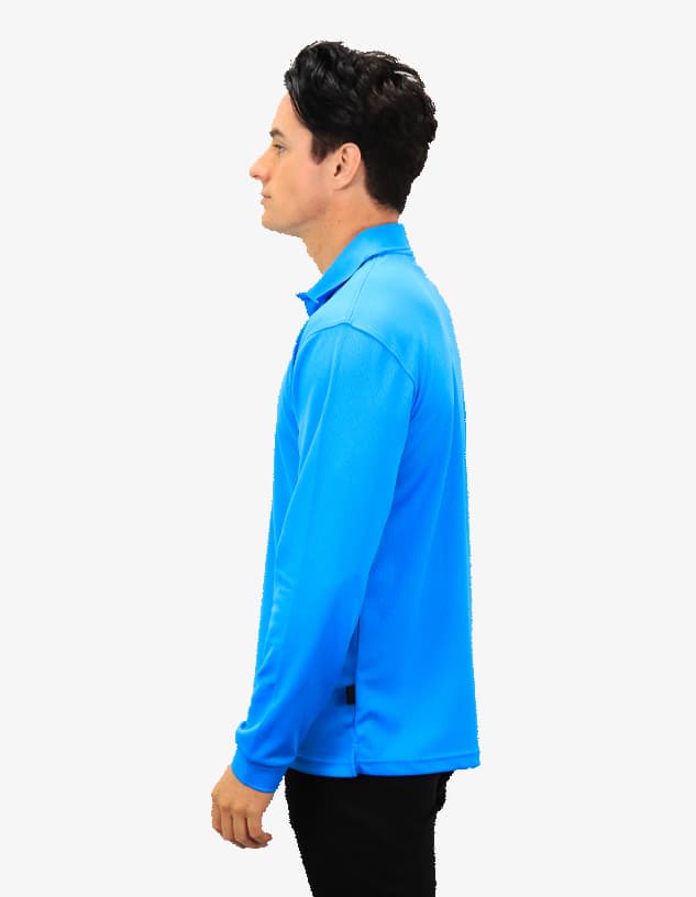 A blue polo shirt is displayed on a model in profile view, featuring a collar and long sleeves. It has a logo.