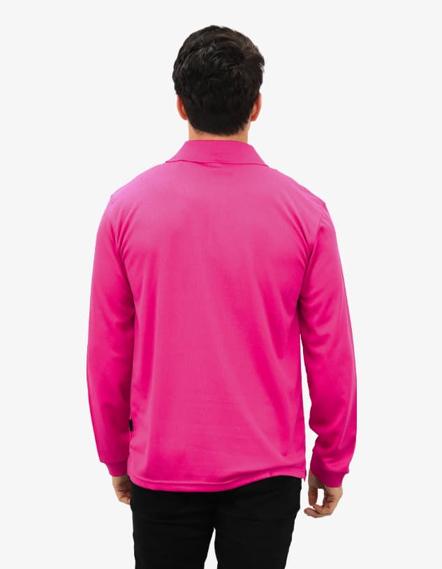 A polo shirt in vibrant pink, featuring long sleeves and a back view of the wearer. It has a branding logo.