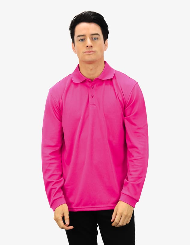 A long-sleeve polo shirt in bright pink, featuring a collar and buttons, worn by a model. It includes a logo.
