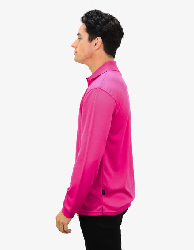 A pink polo shirt is displayed on a model, showcasing its side view and fitted design. It features a logo.