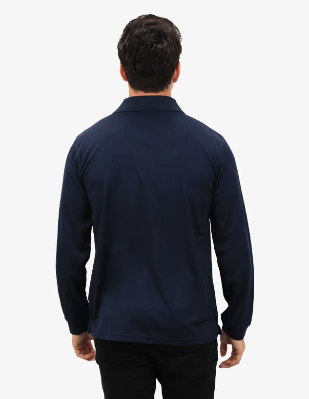 A navy polo shirt with long sleeves, featuring a branded logo on the back.