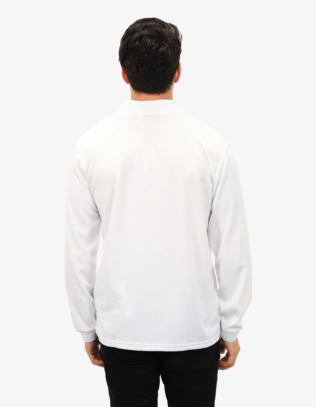 A white polo shirt displayed from the back, featuring long sleeves and a collar, with a logo.