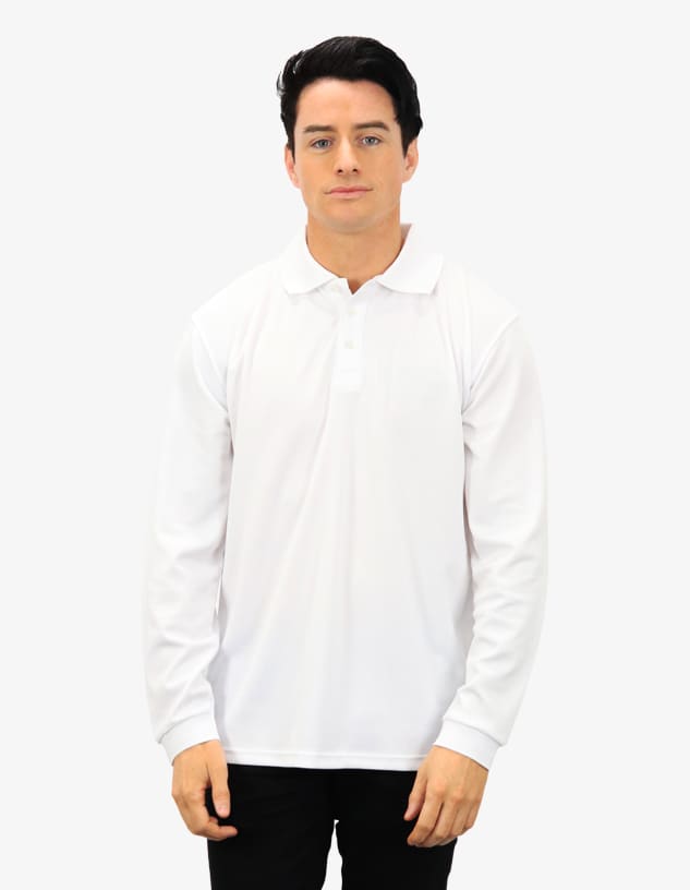 A long-sleeved white polo shirt displayed on a model, featuring a collar and a logo.