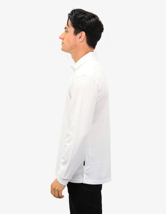 A white polo shirt displayed on a model from the side, featuring a logo on the chest area.