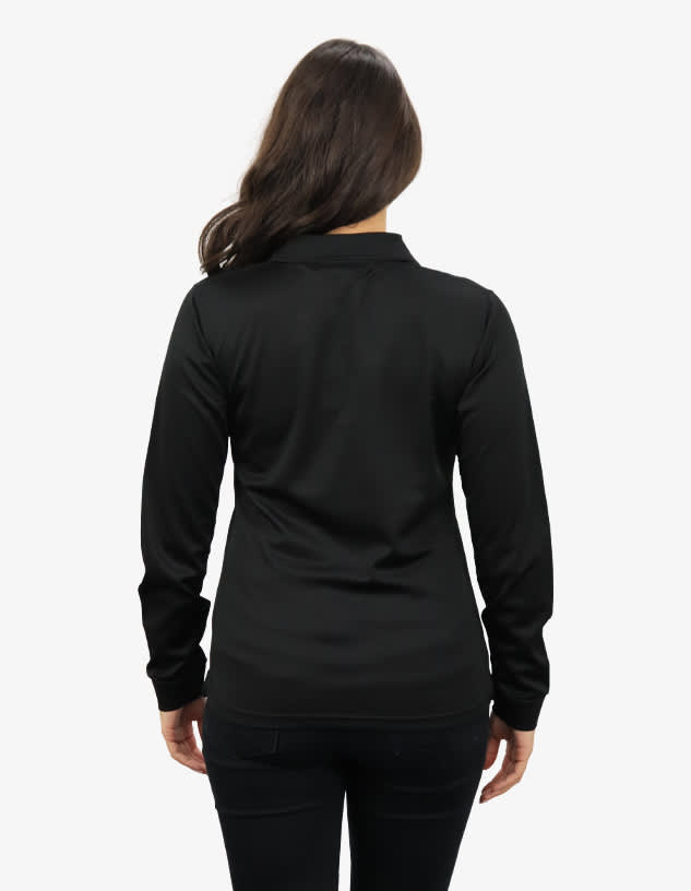 A black polo shirt with long sleeves, featuring a logo on the back.