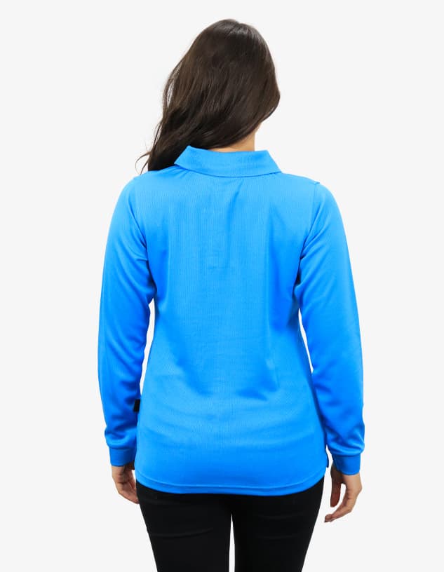 A blue polo shirt with long sleeves, featuring a collar and a logo. The back view shows a fitted design.