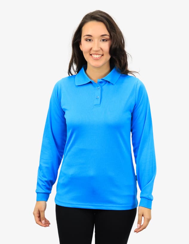 A long-sleeved polo shirt in vibrant blue, featuring a collar and three-button placket. It has a logo on the chest.
