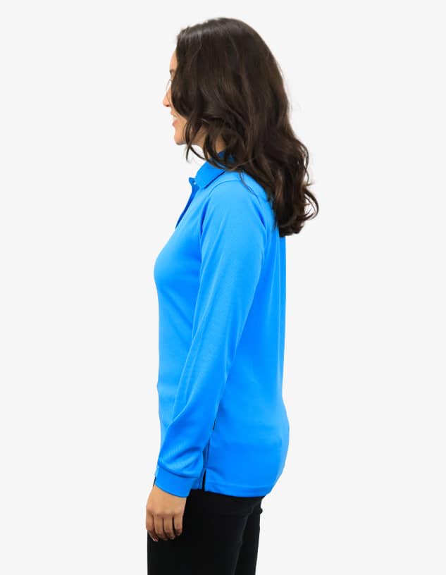 A blue polo shirt displayed on a model, featuring long sleeves and a fitted design. It has a logo on the chest.