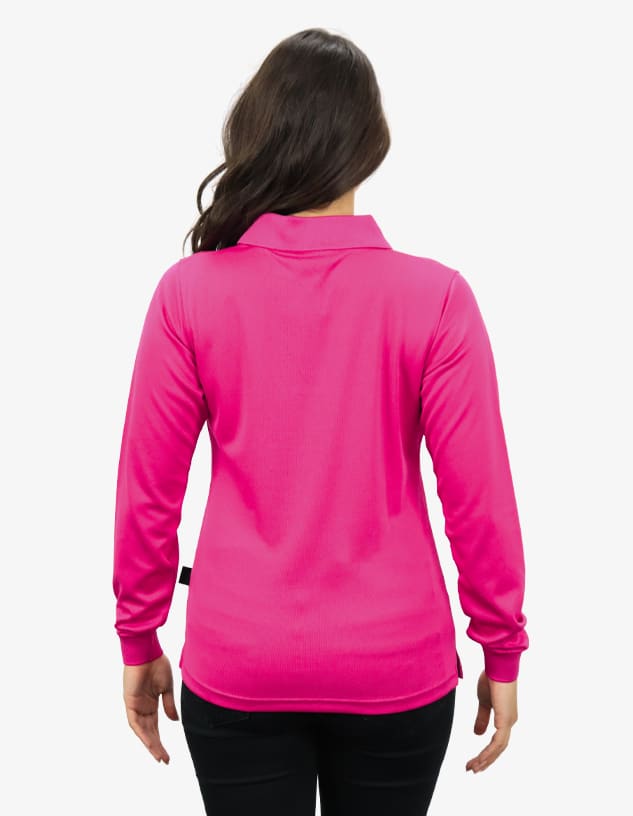 A pink polo shirt with long sleeves, featuring a logo, viewed from the back on a model.