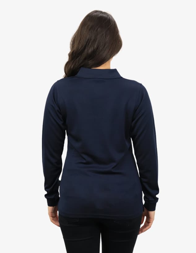 A rear view of a navy blue polo shirt with long sleeves, featuring a collar and a logo.