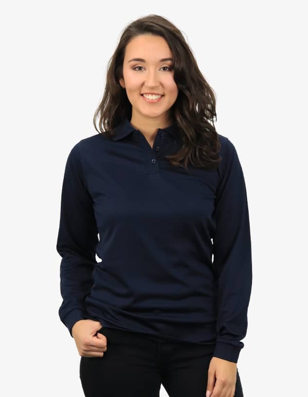 A navy long-sleeve polo shirt with a collar, featuring a branding logo on the chest.