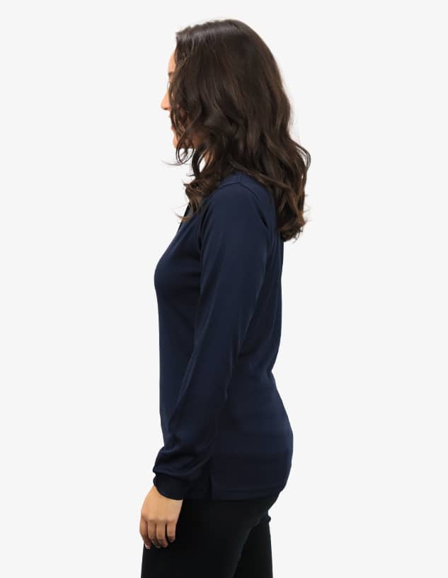 A navy polo shirt featuring a fitted design, displayed on a model from the side, with a logo present.