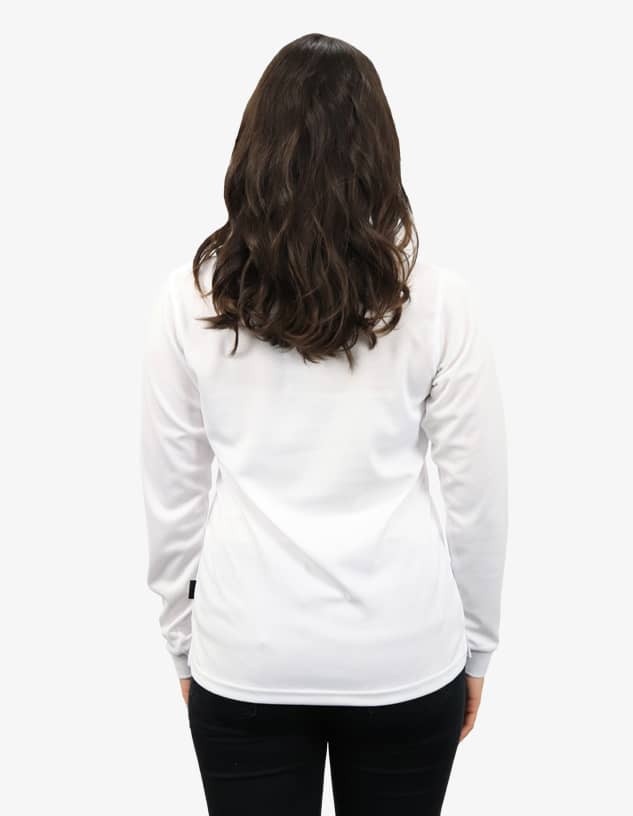 A white polo shirt seen from the back, featuring long sleeves and a logo on the hem. 