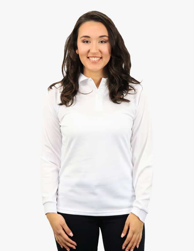 A white polo shirt on a smiling woman, featuring a collar and long sleeves. The shirt has a logo on it.