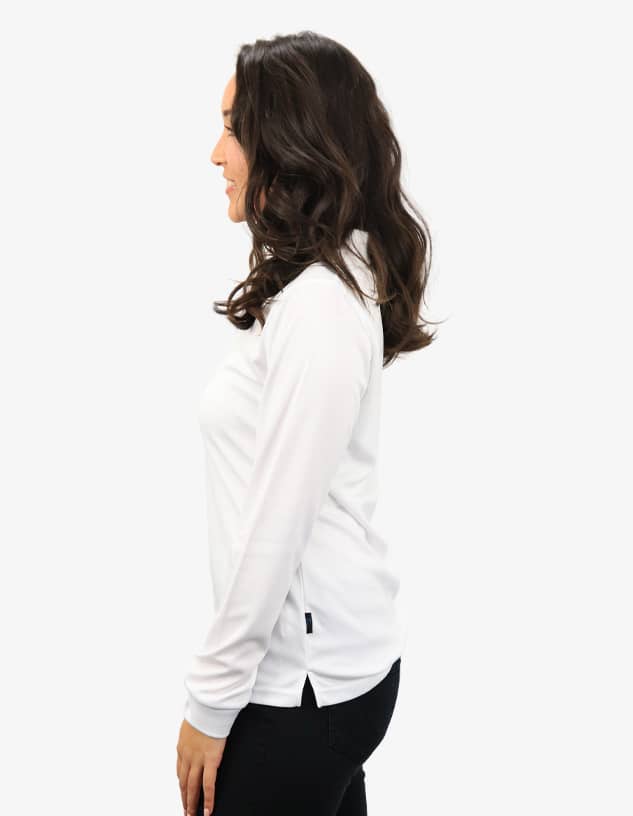 A white polo shirt featured on a model, showcasing a side profile view. The shirt has a logo.