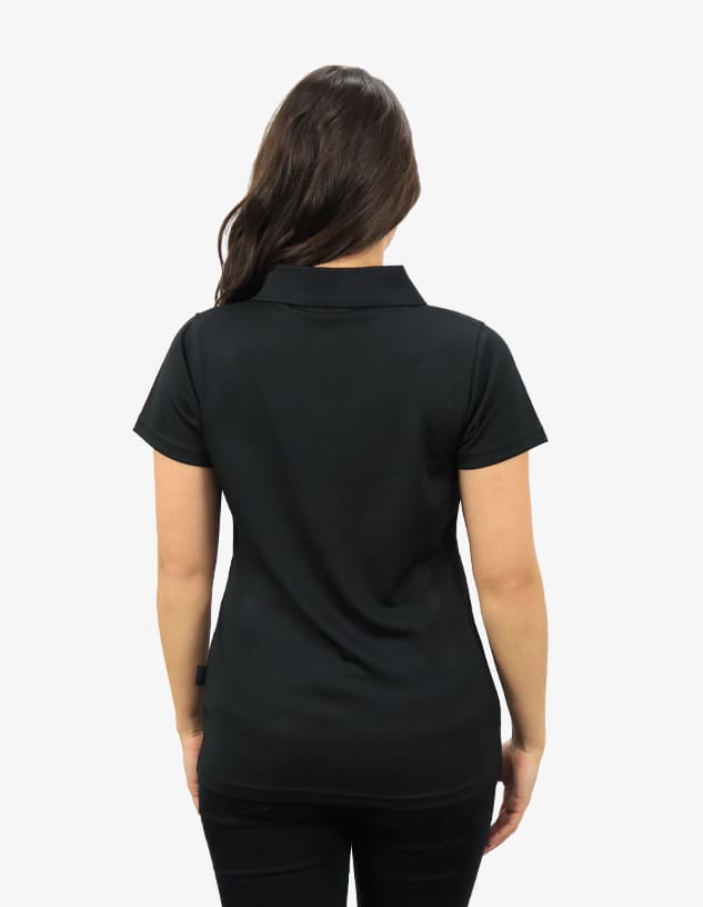 A black polo shirt with a collar, featuring a logo on the back. The shirt is made from a lightweight fabric.