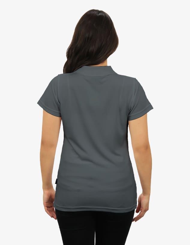 A grey polo shirt viewed from the back, featuring short sleeves and a fitted design. It includes a logo.
