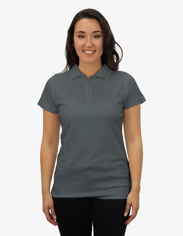 A women's polo shirt in grey, featuring a collar and a fitted style. The model is smiling and standing against a plain background.