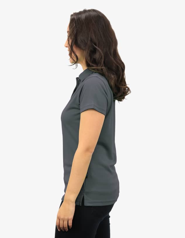 A grey polo shirt with short sleeves and side slits, featuring a logo on the chest.