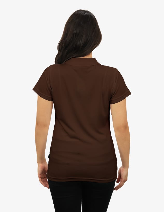 A brown polo shirt featuring a fitted design and short sleeves. The shirt has a logo on the side.