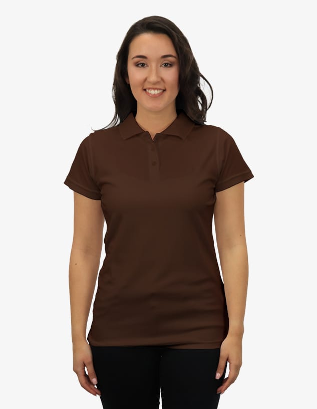 A brown polo shirt displayed on a model, featuring a collar and short sleeves. The shirt has a logo.