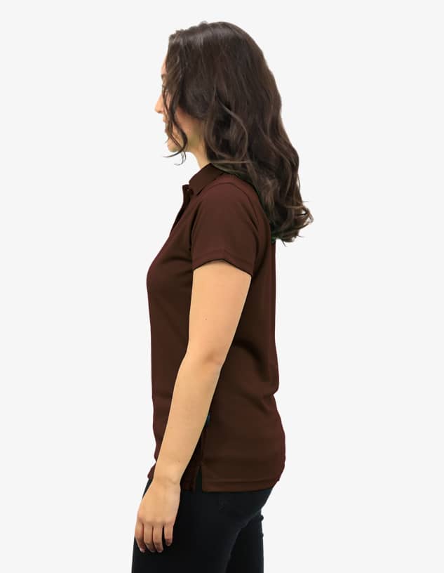 A chocolate brown polo shirt displayed on a model from the side, featuring a logo.