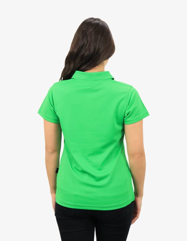 A polo shirt in vibrant green, featuring a classic collar and short sleeves, shown from the back.