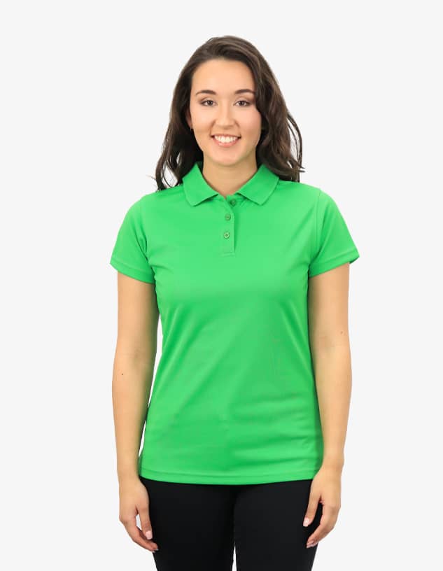 A green polo shirt worn by a model, featuring a collar and a logo at the chest.