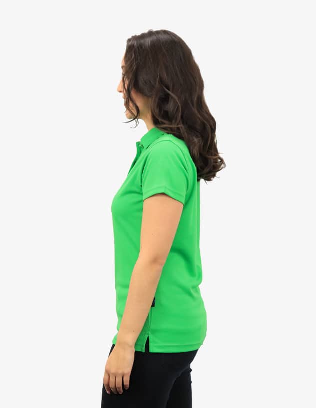 A green polo shirt displayed on a model from the side, featuring a subtle logo.