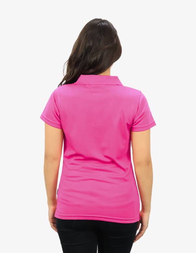 A pink polo shirt with a classic collar and short sleeves, featuring a branding logo.