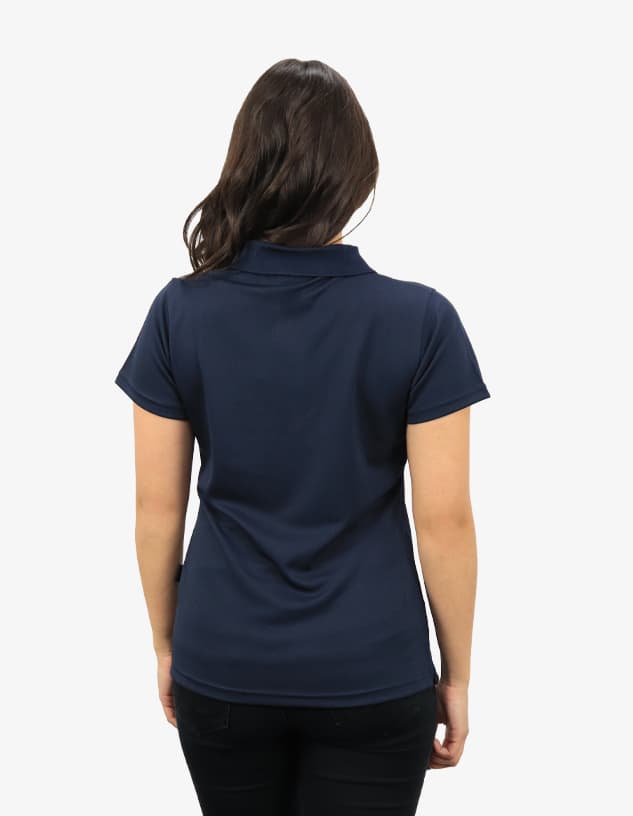 A navy blue polo shirt with a collared neck and short sleeves, featuring a logo on the back.