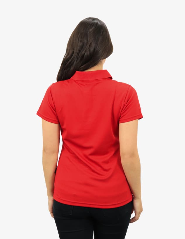 A red polo shirt displayed from the back, featuring short sleeves and a collar, with a logo on the upper back.