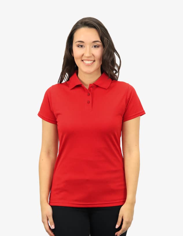 A red polo shirt designed for women, featuring a classic collar and fitted style, displayed on a smiling model.