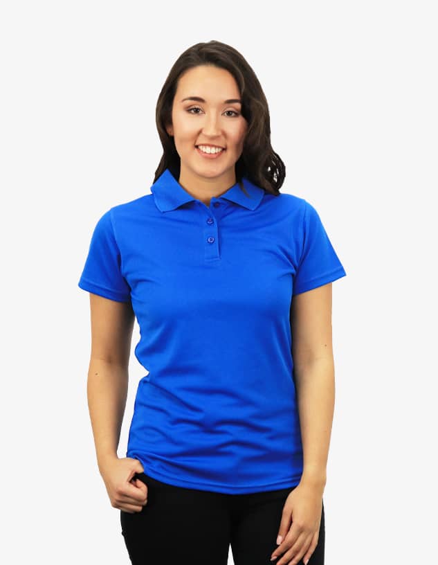A blue polo shirt featuring a collar and buttons, modelled by a smiling woman. The shirt has a logo.