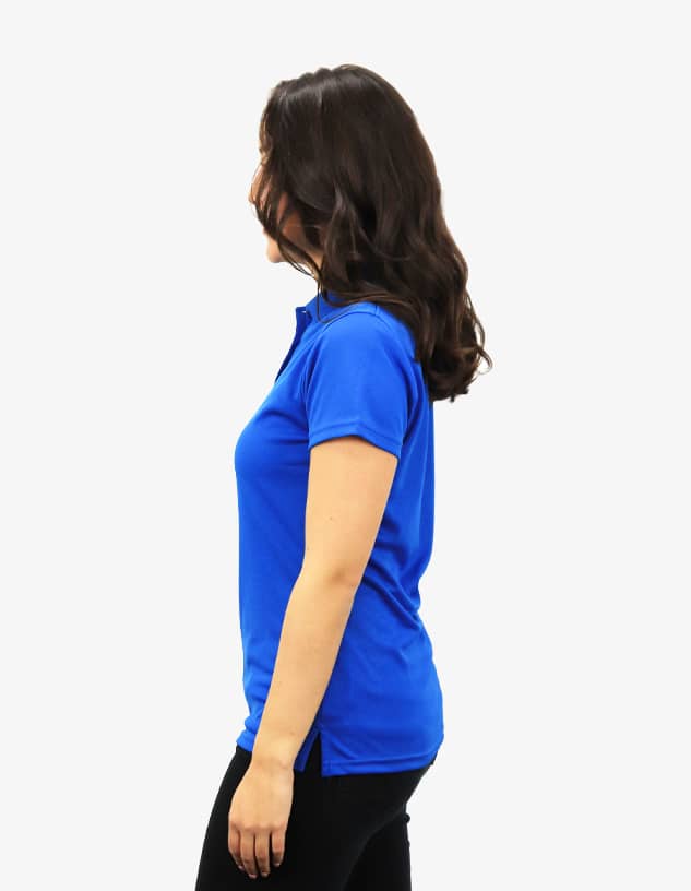 A blue polo shirt displayed on a model, featuring short sleeves and a slim fit. The shirt has a logo.