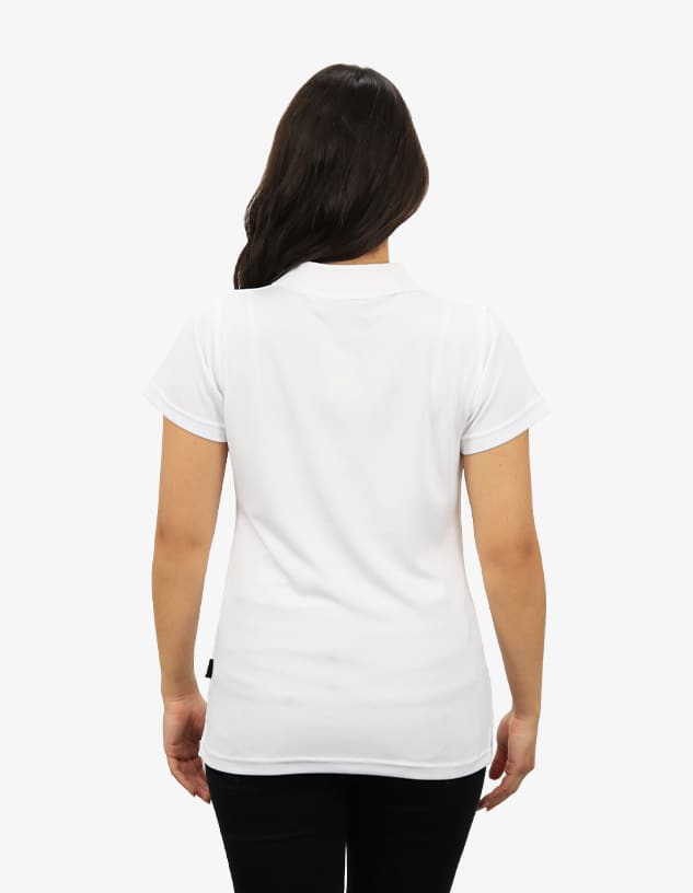 A white polo shirt with a fitted design, featuring a brand logo on the side.