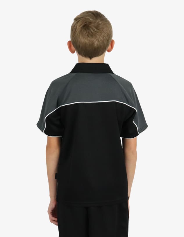 A black and grey polo shirt with short sleeves and a contrasting design, featuring a logo.