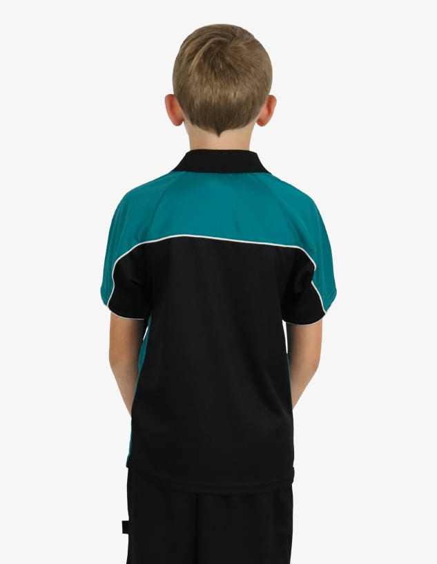 A back view of a child's polo shirt featuring teal and black colours, with a logo on the back.